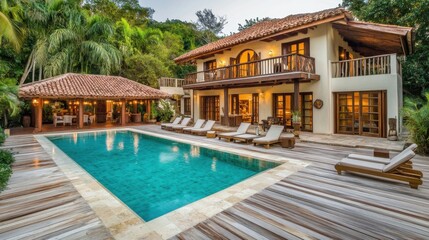 Fototapeta premium A high-end resort private villa with an infinity pool, wooden deck, and a tropical garden.