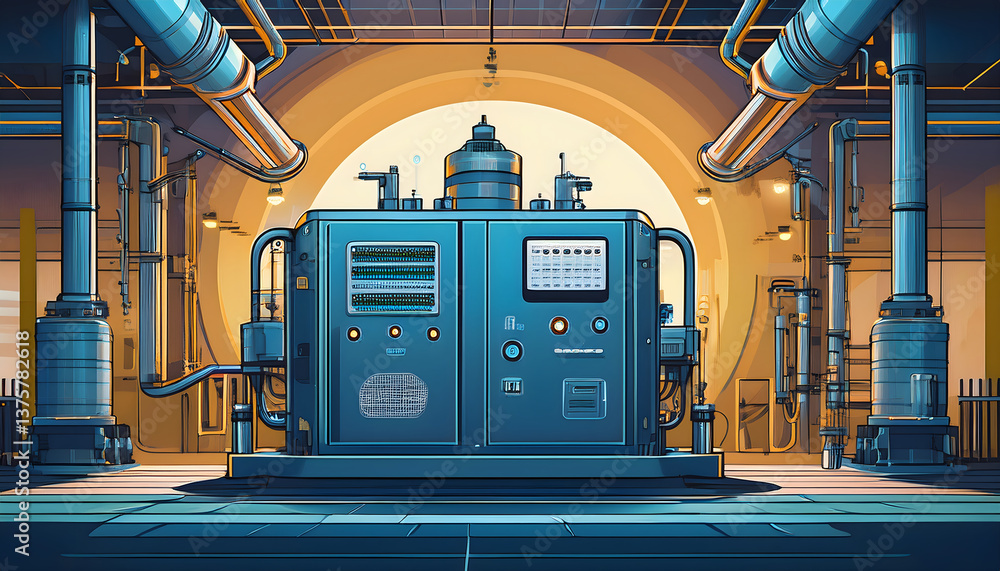 Poster industrial machinery in a stylized factory setting with intricate pipes and control panels, illustra