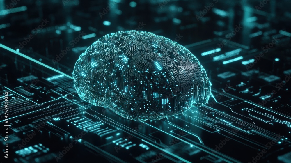 Poster a digital representation of a brain made of circuits, glowing in blue tones on a dark background, sy