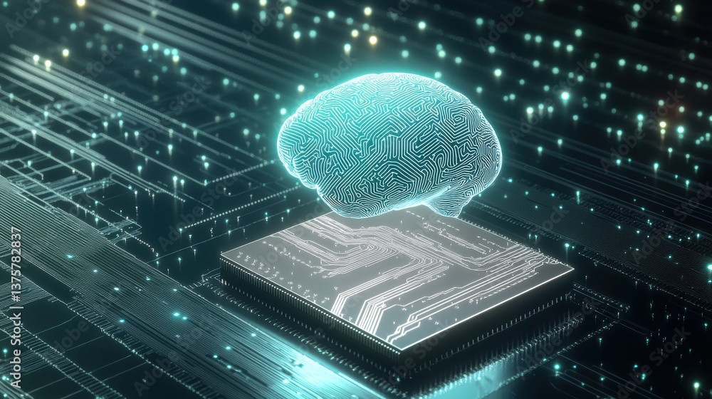 Poster a glowing brain representation on a circuit board, symbolizing advanced technology and artificial in