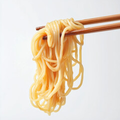 A bunch of curly spaghetti picked up with chopsticks, white background, real shot 