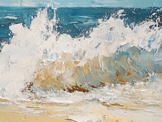 Impasto Oil Painting of Crashing Ocean Waves on Beach with Textured Brushstrokes