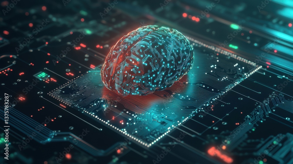 Poster a digital brain sits on a circuit board, illuminated with vibrant colors, symbolizing the intersecti