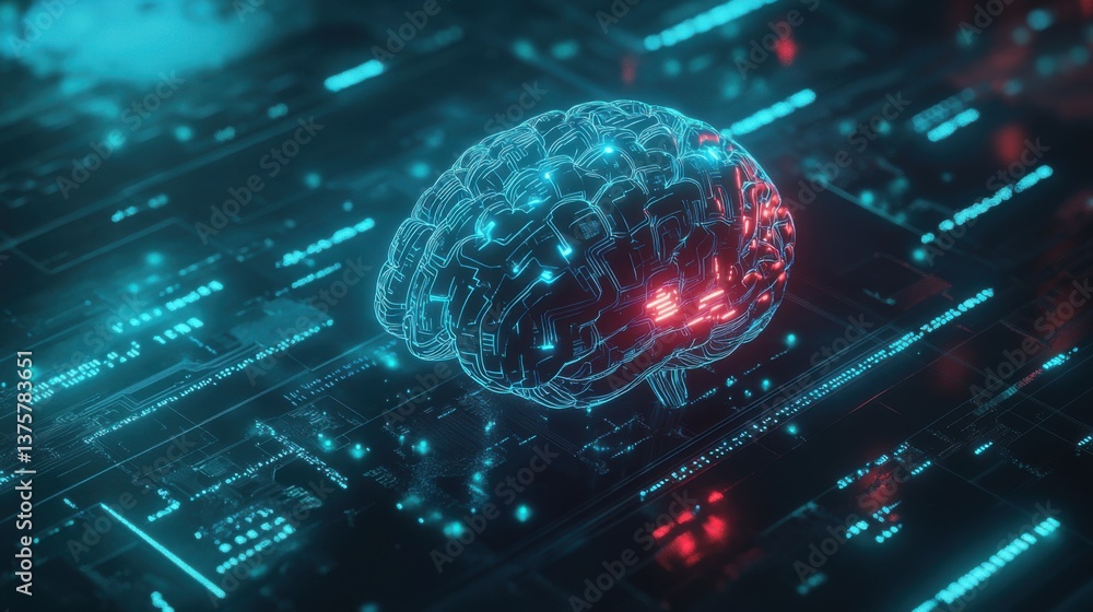 Poster a digital representation of a brain with circuits and glowing elements, set against a futuristic tec