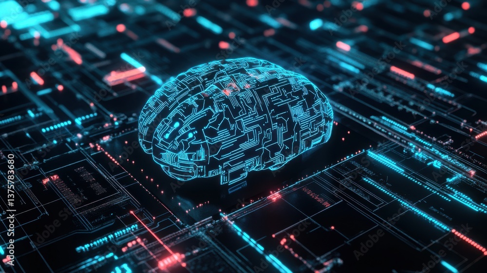 Poster a digital representation of a brain illuminated in neon blue and red, surrounded by a network of cir