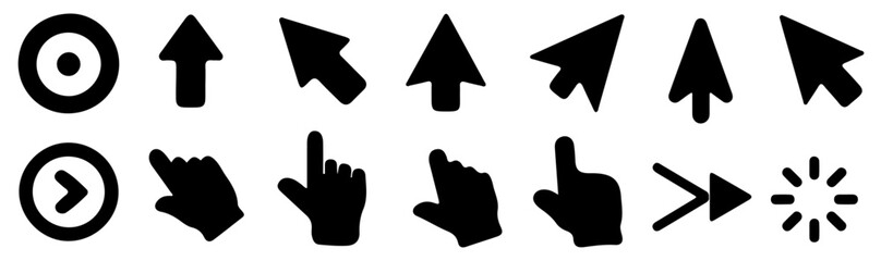 Computer mouse pointer icons set with black arrows and loading symbols. Click cursor icons