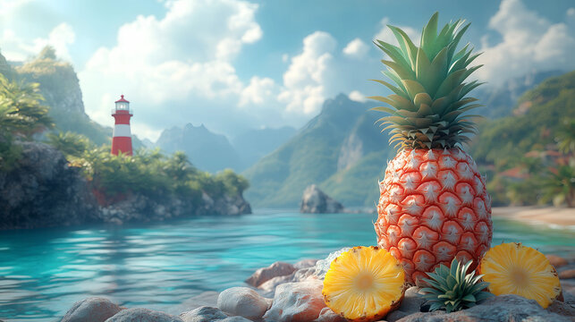 Pineapple and sliced fruit near a tranquil bay with a vibrant lighthouse surrounded by mountains