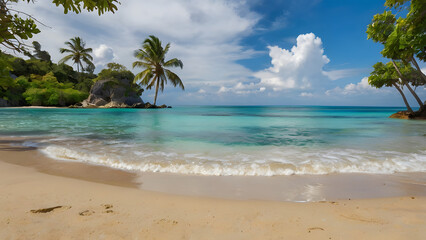 Beach landscape sandy clean beach emerald water in the distance palm trees sunny day