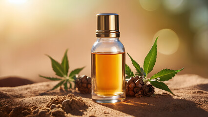 A glass bottle with essential oils for cosmetic products stands in the sand with medicinal marijuana leaves in the background