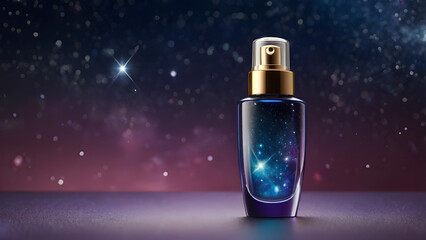 Cosmetic bottle with dispenser body and face care In the bow are reflected stars night sky in the background