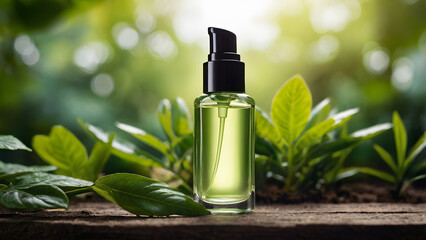 Glass bottles with black dispenser for cosmetics serum bottle on wooden surface on background young green leaves