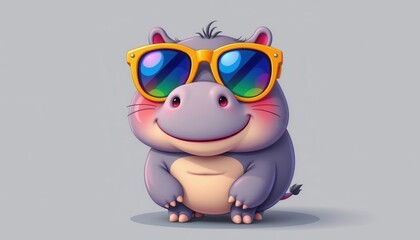 Naklejka premium A cute cartoon hippopotamus with a round body, stubby legs, and a big smile, wearing oversized sunglasses with colorful frames and reflective lenses.