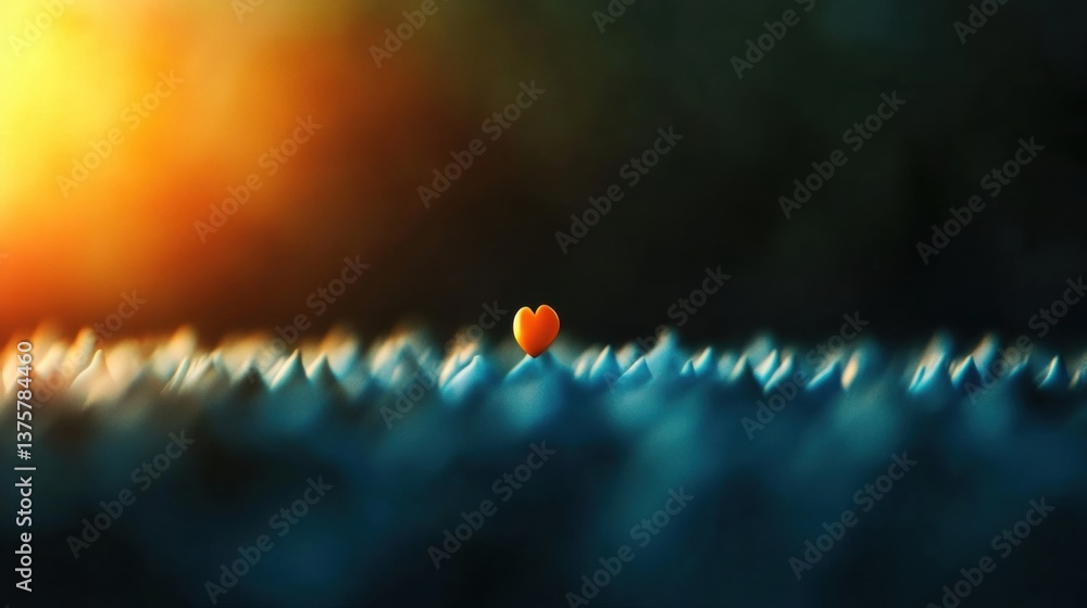 Poster a heart-shaped object balances atop a series of pointed structures as the sun sets, creating a seren