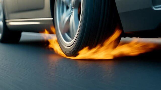 A vehicle speeds down the highway, doing a tire burnout that generates flames, highlighting the thrill of the moment