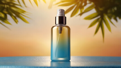 Sunset color cosmetic bottle stands on blue surface with palm leaves on top