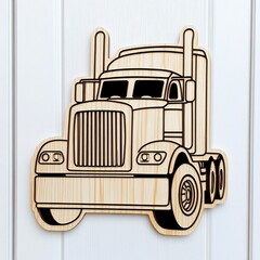 Laser Cut Wooden Semi Truck on White Wood Panel Background Overhead