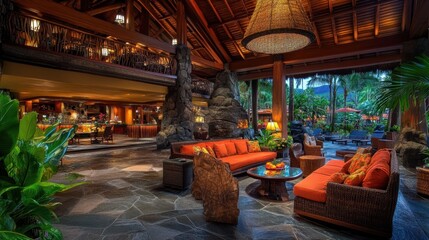 Naklejka premium A tropical resort hotel lobby with open-air design, wooden decor, and a serene atmosphere.