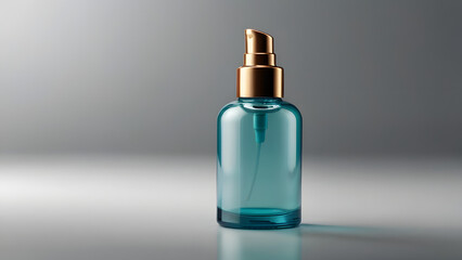 Glass blue bottle with golden dispenser for cosmetics on light background