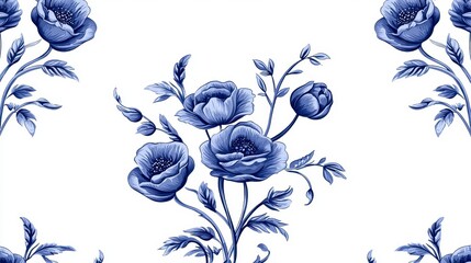 Detailed Blue Poppy Floral Pattern on White