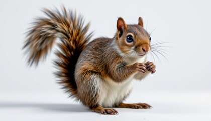 Obraz premium The squirrel is captured in a studio shot, showcasing its fluffy tail, sharp claws, and bright eyes against a crisp white background.