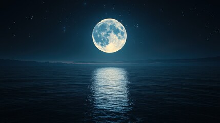 A stunning night scene featuring a bright full moon reflecting on calm ocean waters under a starry sky.