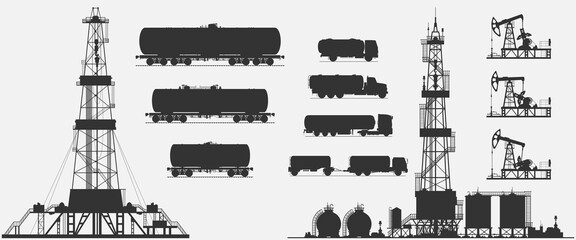Industrial equipment for oil production and transportation. Vector illustration. Sketch for creativity.
