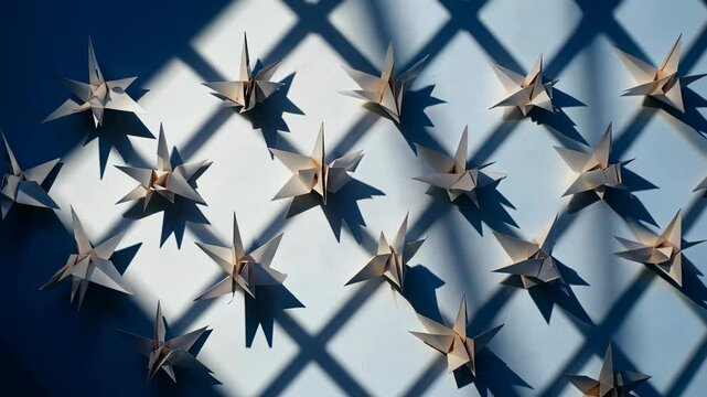 A pattern of folded paper origami cranes, symmetrically placed on a deep blue background with strong contrast between light and shadow, created by a window grid.