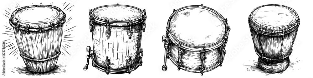 Aufkleber Different types of drums displayed in a lineup, showcasing various sizes and designs for musical performance