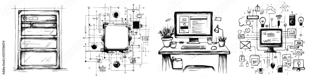 Poster illustration showcasing elements of technology and workspace design featuring computer systems and n