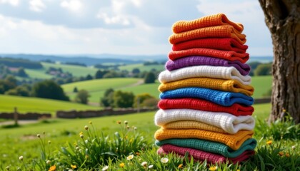 A neat and orderly stack of colorful knitted clothes, meticulously folded and stacked high against a backdrop of lush green fields and rolling hills in the countryside.