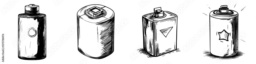 Poster different types of batteries illustrated in various styles showcasing their shapes and features in a