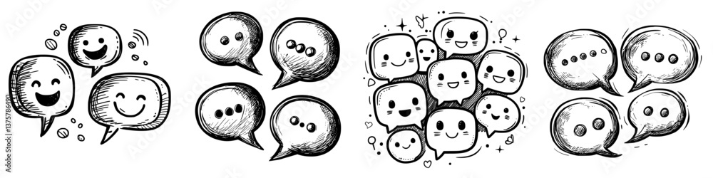 Poster creative doodles of chat bubbles with various facial expressions and sizes, representing communicati