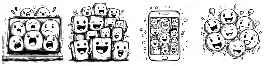 Poster various happy faces displayed on digital devices and in groups, showcasing excitement and connection