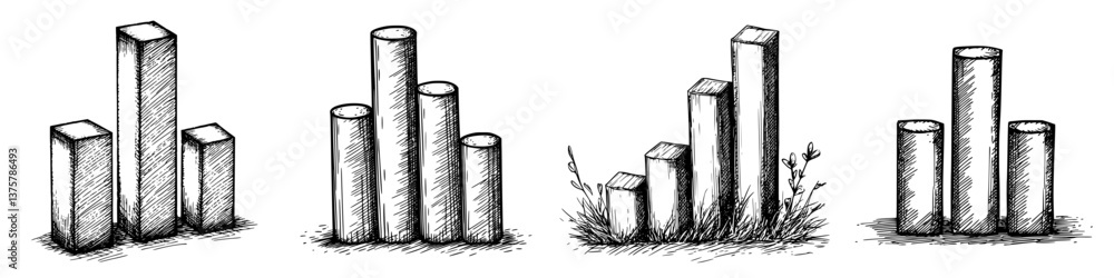 Poster bar charts displaying various data trends in a sketched style, highlighting growth and comparison ac
