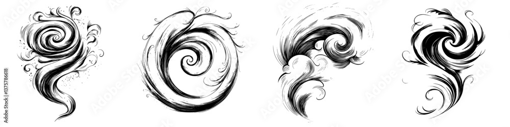 Poster artistic swirling patterns showcasing fluid movement and dynamic energy in black and white on a clea
