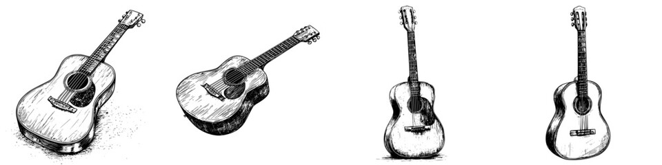 Obraz premium Various artistic sketches of acoustic guitars showing different angles and details with a vintage aesthetic