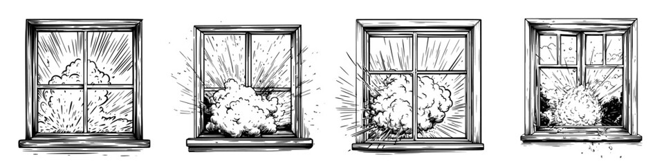 Fototapeta premium Explosive sequence depicting windows shattering from powerful blasts in a dramatic urban setting