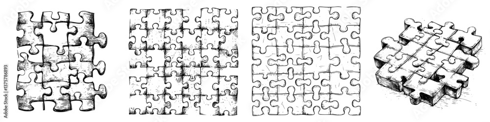 Poster puzzle pieces scattered on a table showing different stages of completion in a creative design