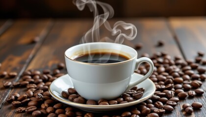 The steam rises from the freshly brewed coffee in the ceramic cup, swirling around the roasted beans scattered on the table beside it