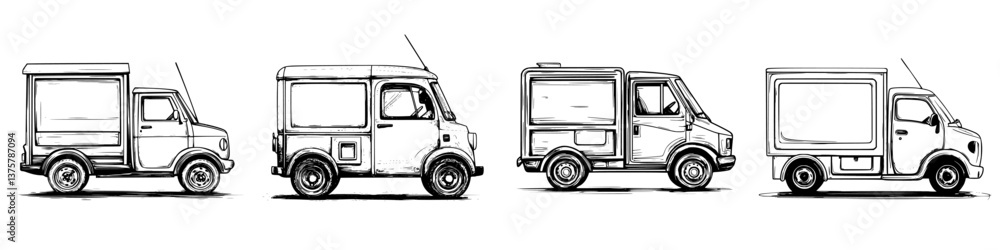 Poster different types of delivery trucks lined up showing various sizes and designs on a white background