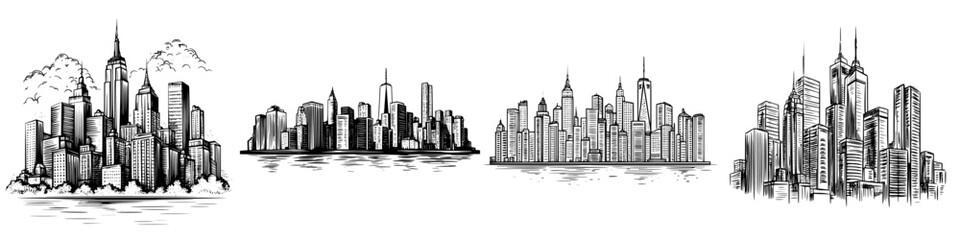 Obraz premium Skyline sketches showcasing iconic city buildings over water during golden hour from multiple perspectives
