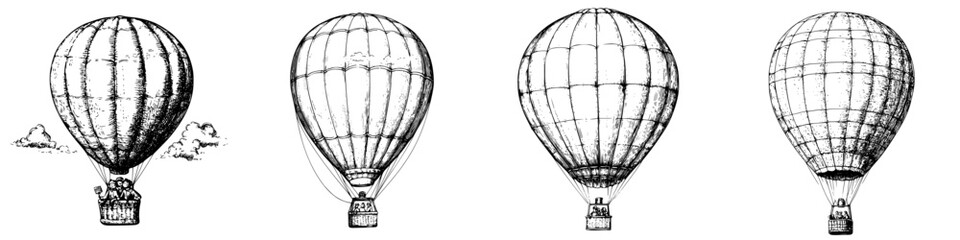 Hot air balloons in various stages of flight against a clear sky displaying vintage designs and intricate details