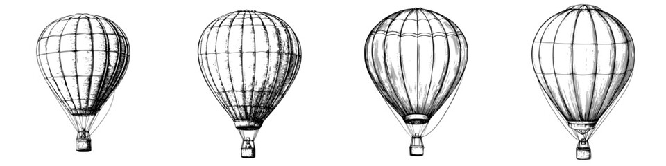 Naklejka premium Various hot air balloon designs displayed in black and white illustrations showcasing their unique shapes and structures