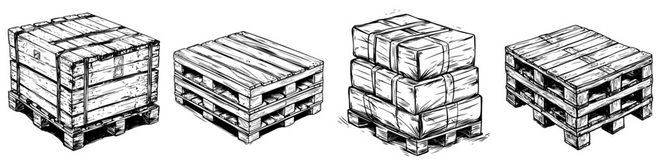 Different types of wooden pallets displayed in various arrangements in a warehouse setting for storage purposes