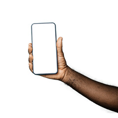 Black hand holding phone facing camera isolated on transparent background. blank screen, phone screen mockup, front view, clipping path, clipping mask