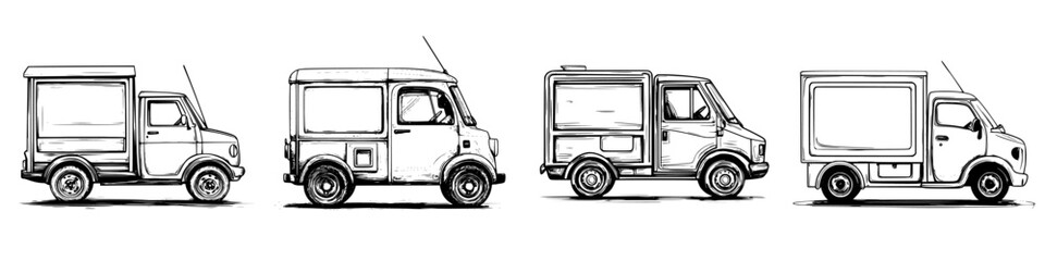Different types of delivery trucks lined up showing various sizes and designs on a white background