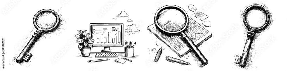 Poster creative workspace featuring magnifying glasses, plant, and computer with graphs during a brainstorm