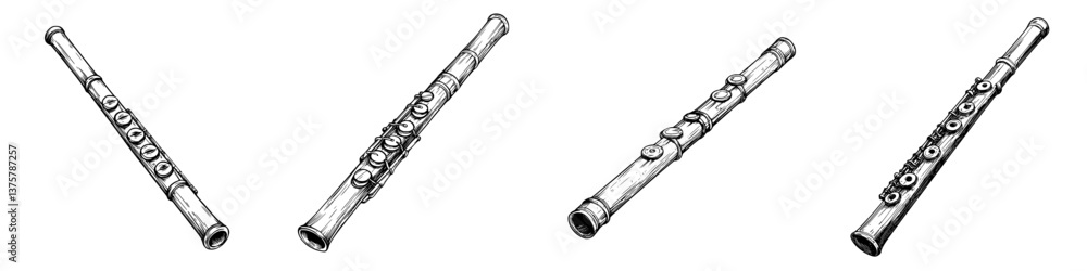 Poster different styles of flutes arranged in a row, showcasing intricate designs and textures, captured ag