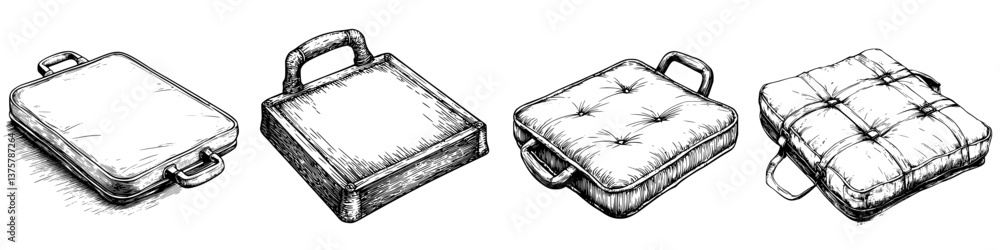 Aufkleber sketches of various types of cushions and their unique features displayed side by side in a minimali