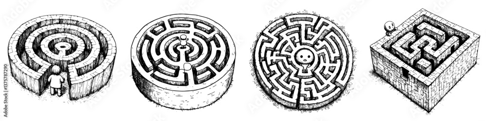 Poster intricate maze designs drawn in black and white, showcasing different styles and complexity for puzz